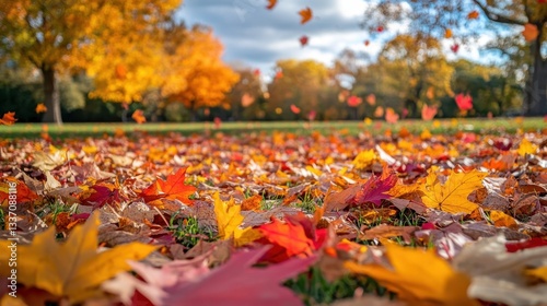 Autumn leaves falling park nature photography outdoor setting ground level view seasonal beauty