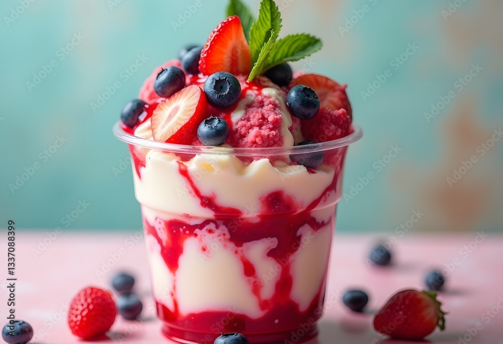 Delicious gourmet dessert with fresh berries, cheesecake, and creamy yogurt topped with strawberries, raspberries, blueberries, blackberries, and mint on a white plate Delicious gourmet dessert with fresh berries, cheesecake, and creamy yogurt topped with strawberries, raspberries, blueberries, blackberries, and mint on a white plate