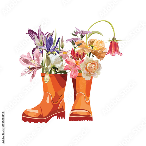 Realistic image of a orange rubber boots with flowers.
