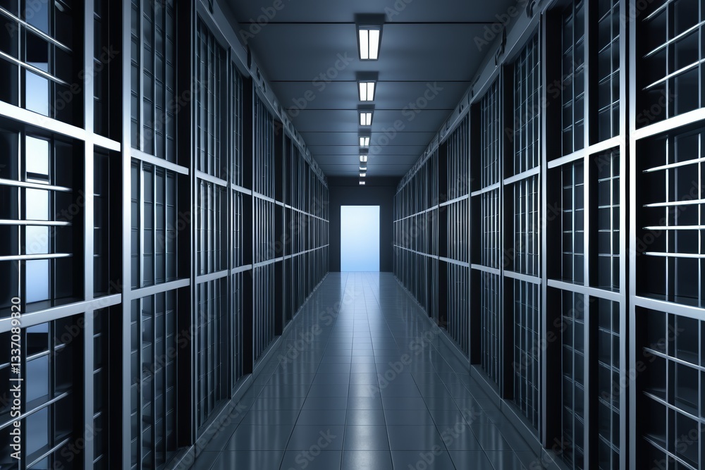 Fototapeta premium arafed hallway with rows of glass doors and a light at the end