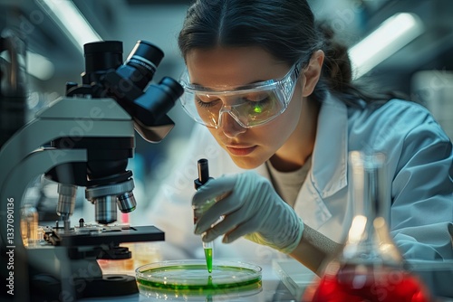 Scientist carefully examines a sample using a microscope in laboratory