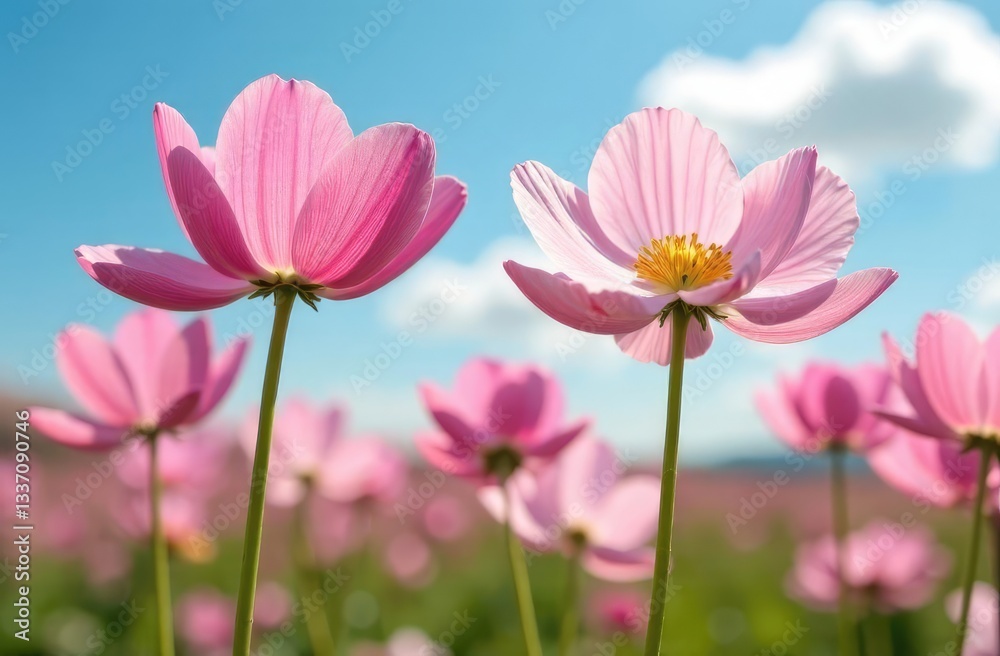Beautiful pink flowers anemones and God's cow in spring nature in the open air against the blue sky, macro, soft focus. Magic colorful artistic image of the tenderness of nature, spring flower wallpap Beautiful pink flowers anemones and God's cow in spring nature in the open air against the blue sky, macro, soft focus. Magic colorful artistic image of the tenderness of nature, spring flower wallpap