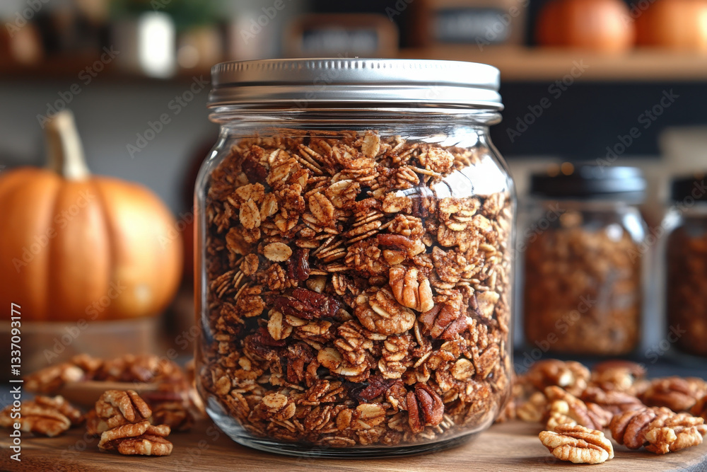 A jar of granola is sitting on a wooden table next to a pumpkin A jar of granola is sitting on a wooden table next to a pumpkin