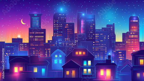 Night city with neon glowing illumination view from roof. Modern futuristic megalopolis architecture buildings. Urban cityscape background with residential constructions, Cartoon vector Illustration