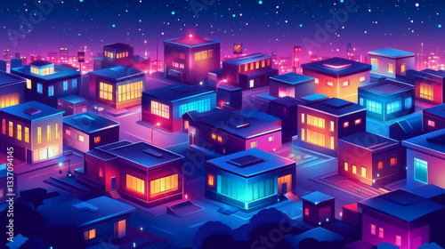 Night city with neon glowing illumination view from roof. Modern futuristic megalopolis architecture buildings. Urban cityscape background with residential constructions, Cartoon vector Illustration