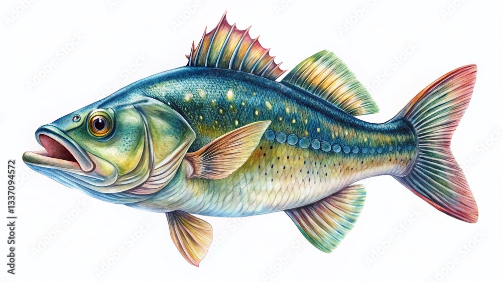 Fototapeta premium Hand-Drawn Illustration: Isolated Bass Fish, Fashion Photography Style