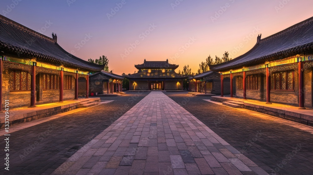 Fototapeta premium A symmetrical view showcasing traditional architecture in the evening