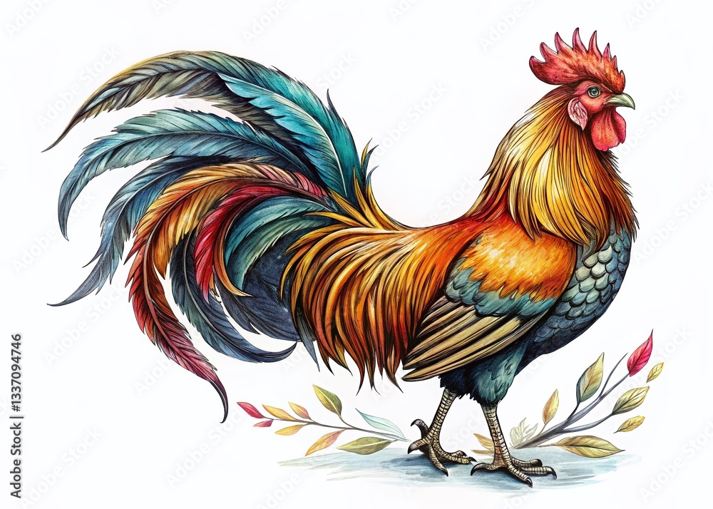 Fototapeta premium Hand-Drawn Rooster Illustration, Proud Cockerel Sketch, Farm Animal Drawing, Barnyard Bird, Countryside Graphic