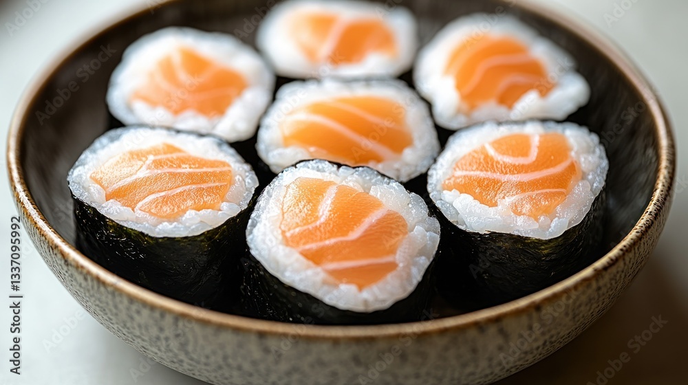 Fresh salmon sushi rolls served in a bowl Fresh salmon sushi rolls served in a bowl
