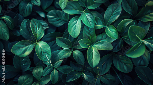 Lush green leaves create vibrant, natural backdrop, showcasing various shades and textures. dense foliage evokes sense of tranquility and