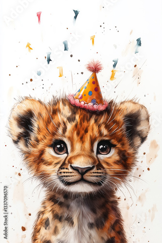Cute baby tiger little lion cheetah animal with birthday cap drawing watercolour illustration on transparent background