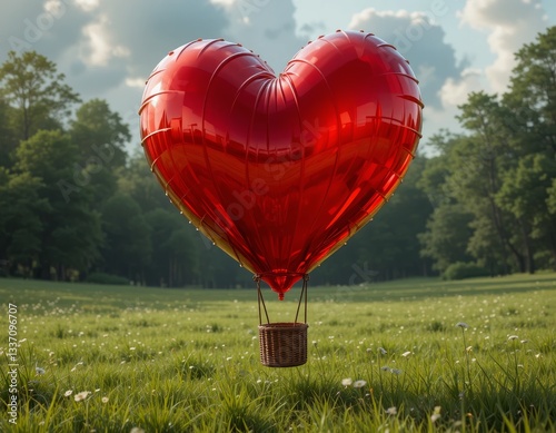 romantic red heart-shaped aerostat soaring 20 meters above a lush green field and sparkling ocean
