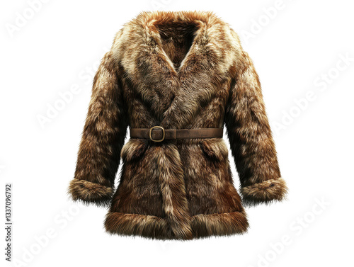 A luxurious brown fur coat with a belt displayed against a stark Transparent Background