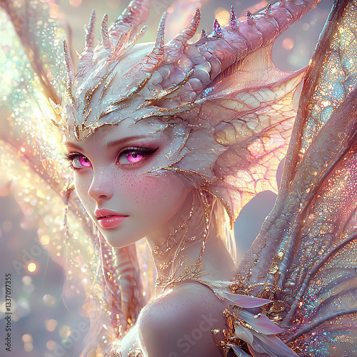 A beautiful dragon girl in pastel colors with glowing eyes 