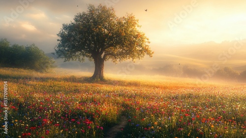 Wallpaper Mural A sunlit meadow filled with colorful wildflowers surrounds a large tree, creating a tranquil and picturesque landscape. Torontodigital.ca