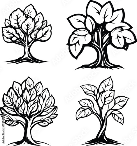 Hand-Drawn Tree Silhouettes - Black and White Nature Illustration