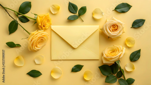 Wallpaper Mural A Delicate Yellow Envelope Nestled Amongst Blooming Roses, A Silent Message Of Love And Warmth In A Sunlit Pastel Scene Torontodigital.ca