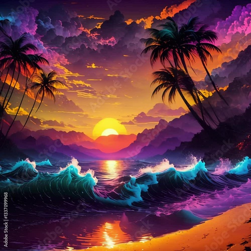 synthwave sunset scenery, giant waves in the ocean on an orange sunset, beautiful beach, waves, mountains, palm trees, miami, 80s, summer vibes, golden times, Neon Colours, Relaxing, Satisfying