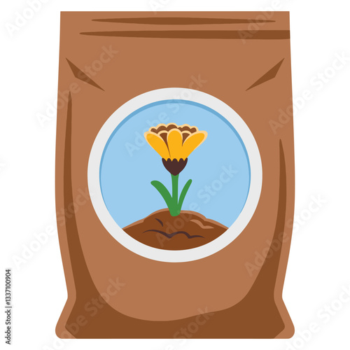 Fertilizer bag flat icon vector illustration. Simple sack design with a plant symbol, representing agricultural nutrients and gardening supplies. Isolated on white background.