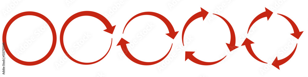 Cyclic process with red arrows. Set of Circular Arrows Icons. Rotational Cycle with Arrows. Rotating Arrow Symbols, Representing Cycle, Reload, Process Flow, Synchronization, and Continuous Motion. Cyclic process with red arrows. Set of Circular Arrows Icons. Rotational Cycle with Arrows. Rotating Arrow Symbols, Representing Cycle, Reload, Process Flow, Synchronization, and Continuous Motion.
