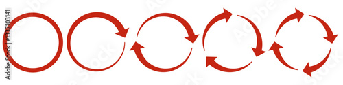 Cyclic process with red arrows. Set of Circular Arrows Icons. Rotational Cycle with Arrows. Rotating Arrow Symbols, Representing Cycle, Reload, Process Flow, Synchronization, and Continuous Motion.