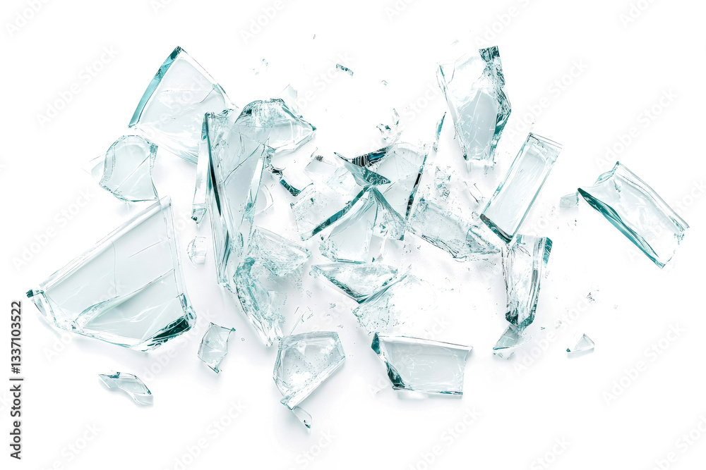broken glass pieces on white background cutout image and isolated on transparent background