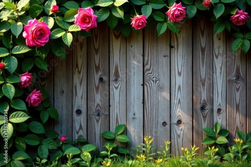 Rustic wooden wall adorned with climbing roses, soft light , image, floral, close-up