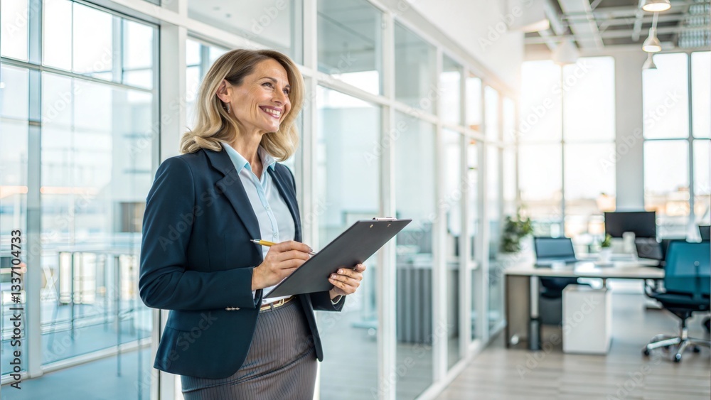 Professional businesswoman in a business casual outfit standing in a corporate office, holding a clipboard and smiling confidently at the camera. Professional businesswoman in a business casual outfit standing in a corporate office, holding a clipboard and smiling confidently at the camera.