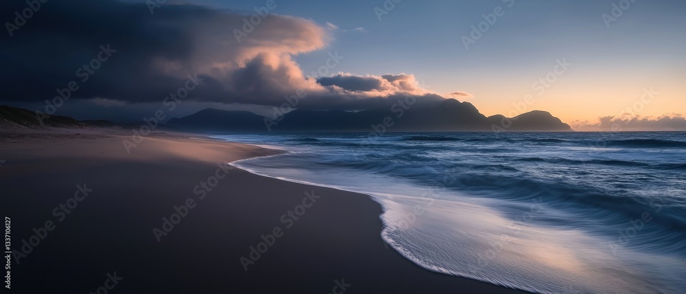 Fototapeta premium Coastal Sunrise, Dramatic Clouds, Calm Beach