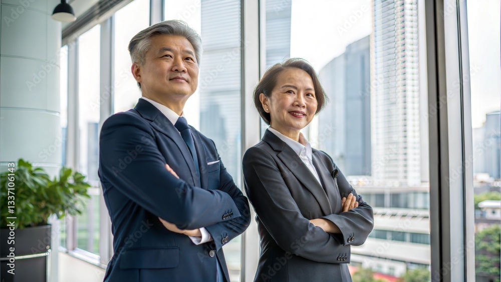 Two senior executive managers, a business man and woman, standing confidently in an office. Professional corporate leaders looking at the camera. Two senior executive managers, a business man and woman, standing confidently in an office. Professional corporate leaders looking at the camera.