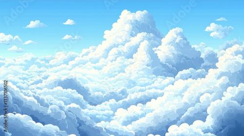 High-angle view of fluffy cumulus cloudscape, sunny day, clear sky photo