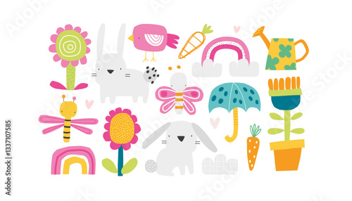 Vector illustration of cute spring elements: rabbit, flowers, butterflies, birds, rainbows, carrots, watering can. Bright, playful design, perfect for nursery decor, fabric, seasonal prints.
