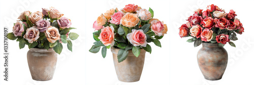 Set of a potted plant with flowers, Cutout of an bouquet of artificial roses, Green ross flower isolated on a transparent background