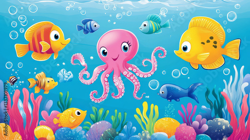 Fototapeta Naklejka Na Ścianę i Meble -  World ocean day posters with cute fish, octopus and seahorse characters deep underwater. Vector banners of global environment event with cartoon illustration of funny wild marine animals in sea