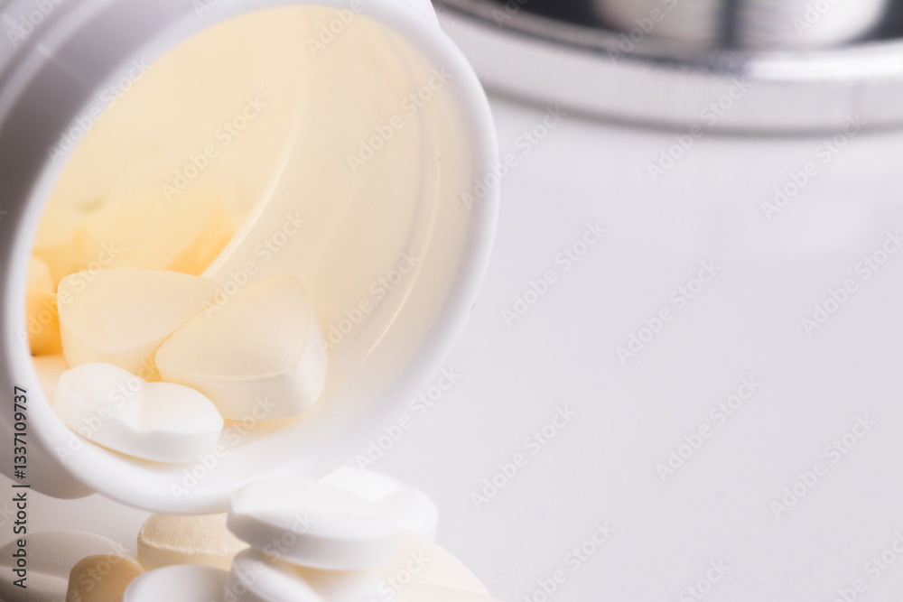 Close-Up of Medical Pills and Stethoscope on a White Surface Close-Up of Medical Pills and Stethoscope on a White Surface
