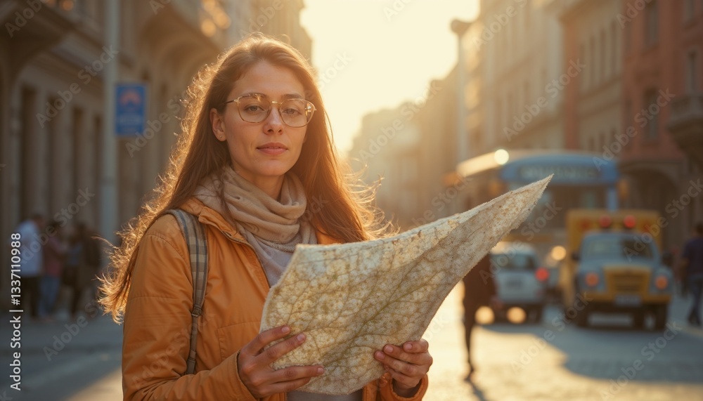 Female traveler with glasses holding a map in a vibrant city during sunset