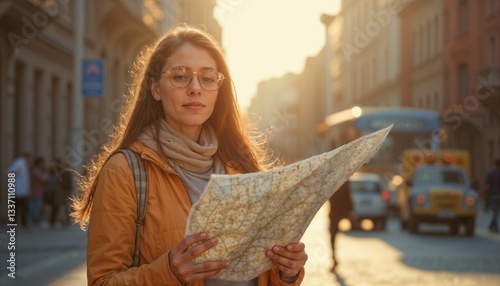 Obraz na płótnie Female traveler with glasses holding a map in a vibrant city during sunset w salonie