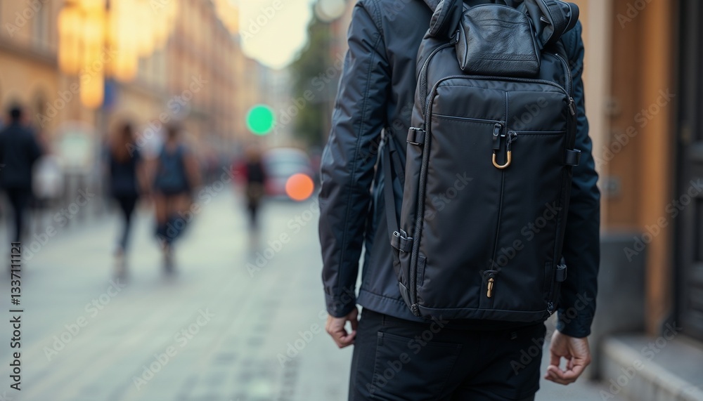 Traveler with a black backpack walking through a busy city street