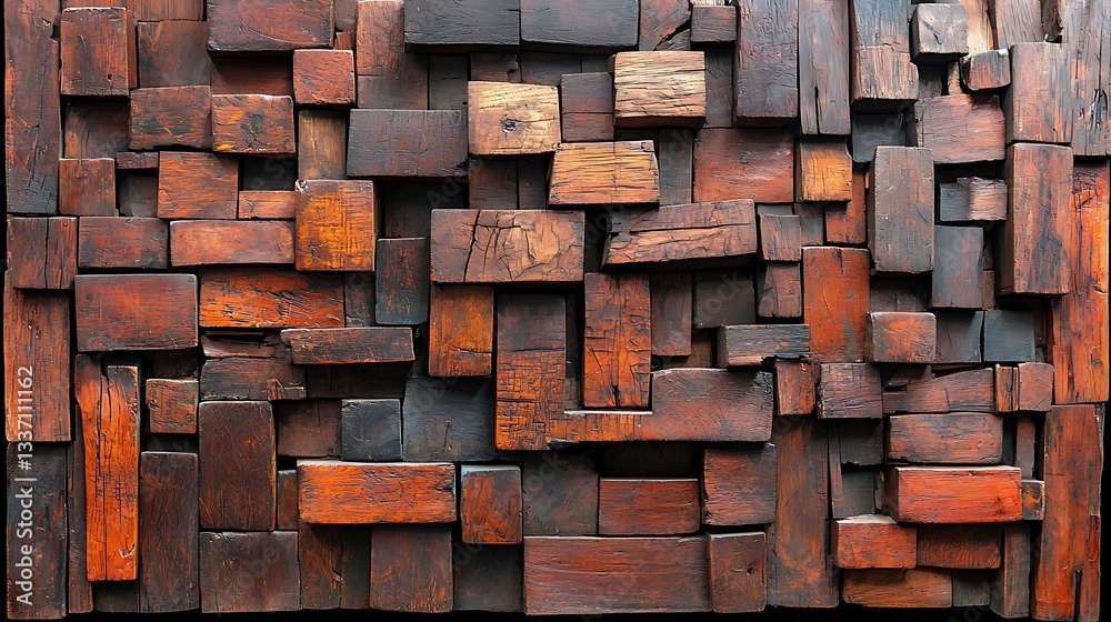 Textured wood wall decor of stacked blocks creating a unique brown design, used for backgrounds Textured wood wall decor of stacked blocks creating a unique brown design, used for backgrounds