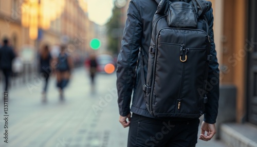 Traveler with a black backpack walking through a busy city street