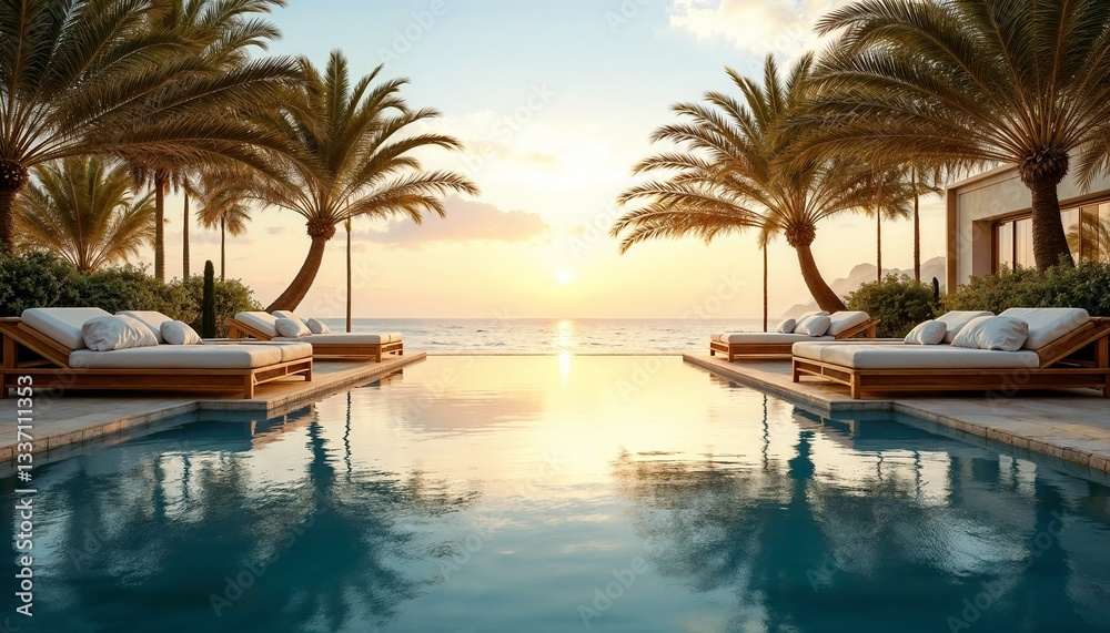 Poolside with lounge chairs and palm trees overlooking the ocean at sunset