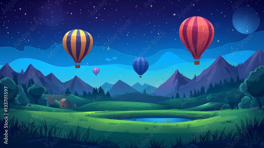 Obraz premium Hot air balloons flying in night sky cartoon background with separated 2d layers ready for game animation. Mountains valley with pond and field, scenery nature landscape, Parallax effect vector scene