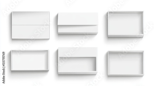 Open slide box mockup. Realistic vector illustration set of white blank carton package with sleeve. Empty pack in form of drawer for gift or goods postage concept. Cardboard matchbox template.