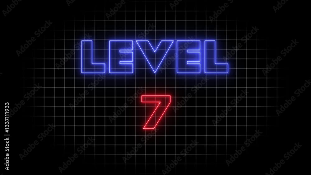 Level - 1 neon bright text. Level complete sign. Neon banner of Level completed glowing animation. Level - 1 neon bright text. Level complete sign. Neon banner of Level completed glowing animation.
