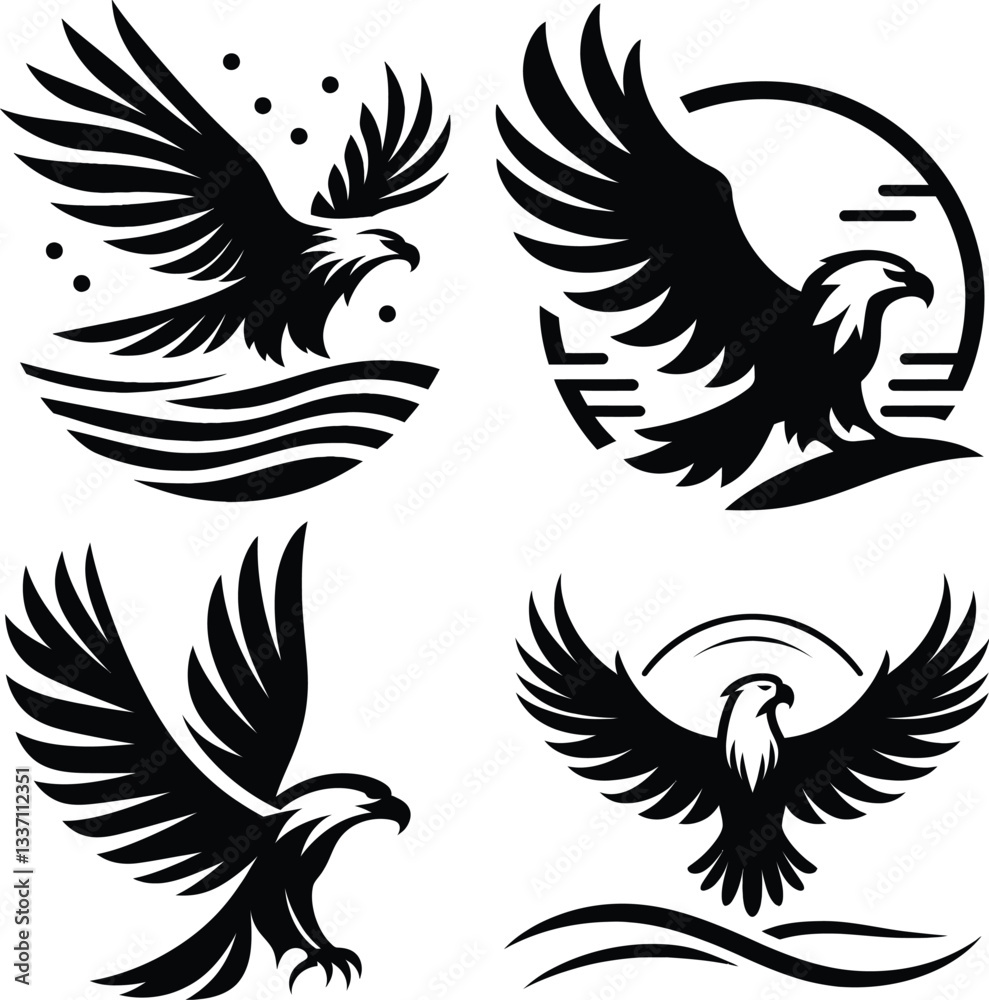 Fototapeta premium Majestic Eagle Silhouette Set | Powerful Bird of Prey Vector | Soaring Raptor Illustration