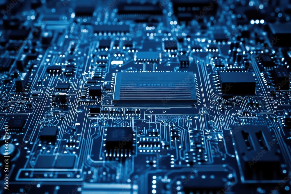 Close-up of complex circuit board. Intricate electronic components are visible Close-up of complex circuit board. Intricate electronic components are visible
