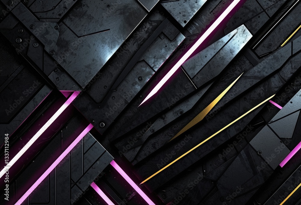 Obraz premium Futuristic abstract metallic design with glowing pink and yellow illuminated lines in a high-tech industrial setting
