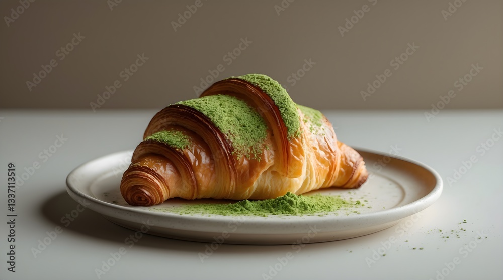 Fototapeta premium matcha croissant with matcha powder, space for copy 