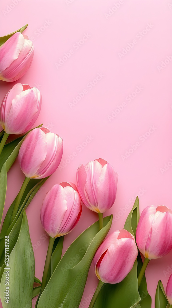Fototapeta premium Pink Tulip Flowers on Soft Pastel Background with Copy Space – Elegant Spring Floral Border for Greeting Cards, Invitations, Mother's Day, or Wedding Designs