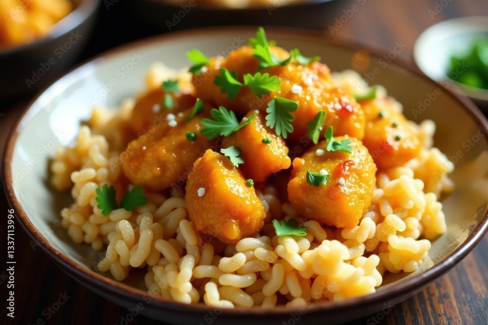Crispy orange chicken pieces atop fluffy fried rice , meal, texture, chili flakes Crispy orange chicken pieces atop fluffy fried rice , meal, texture, chili flakes